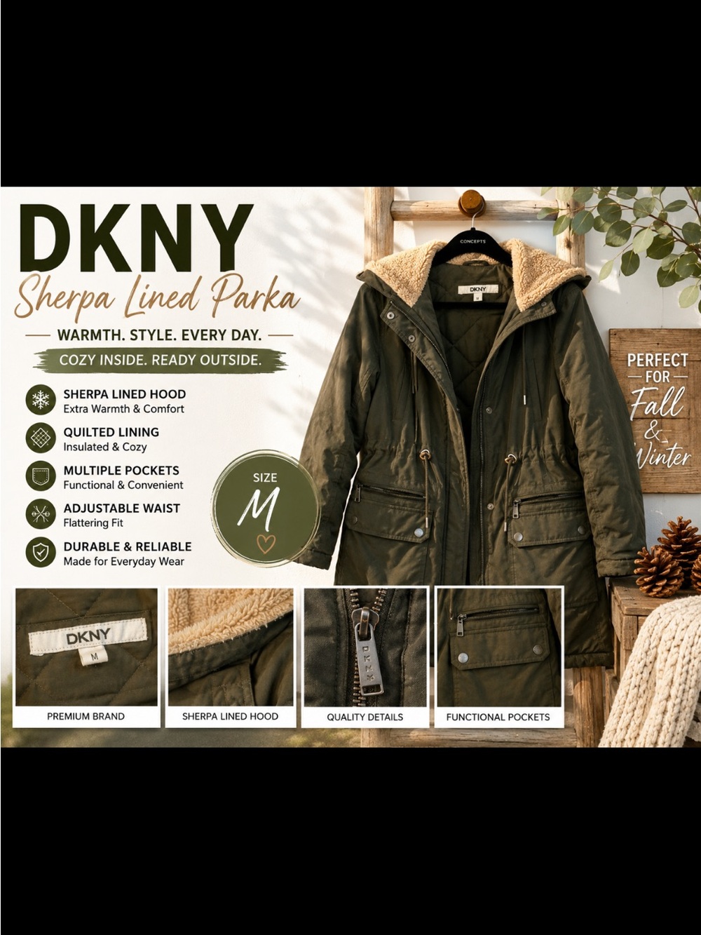 DKNY Olive Green Sherpa-Lined Parka Jacket